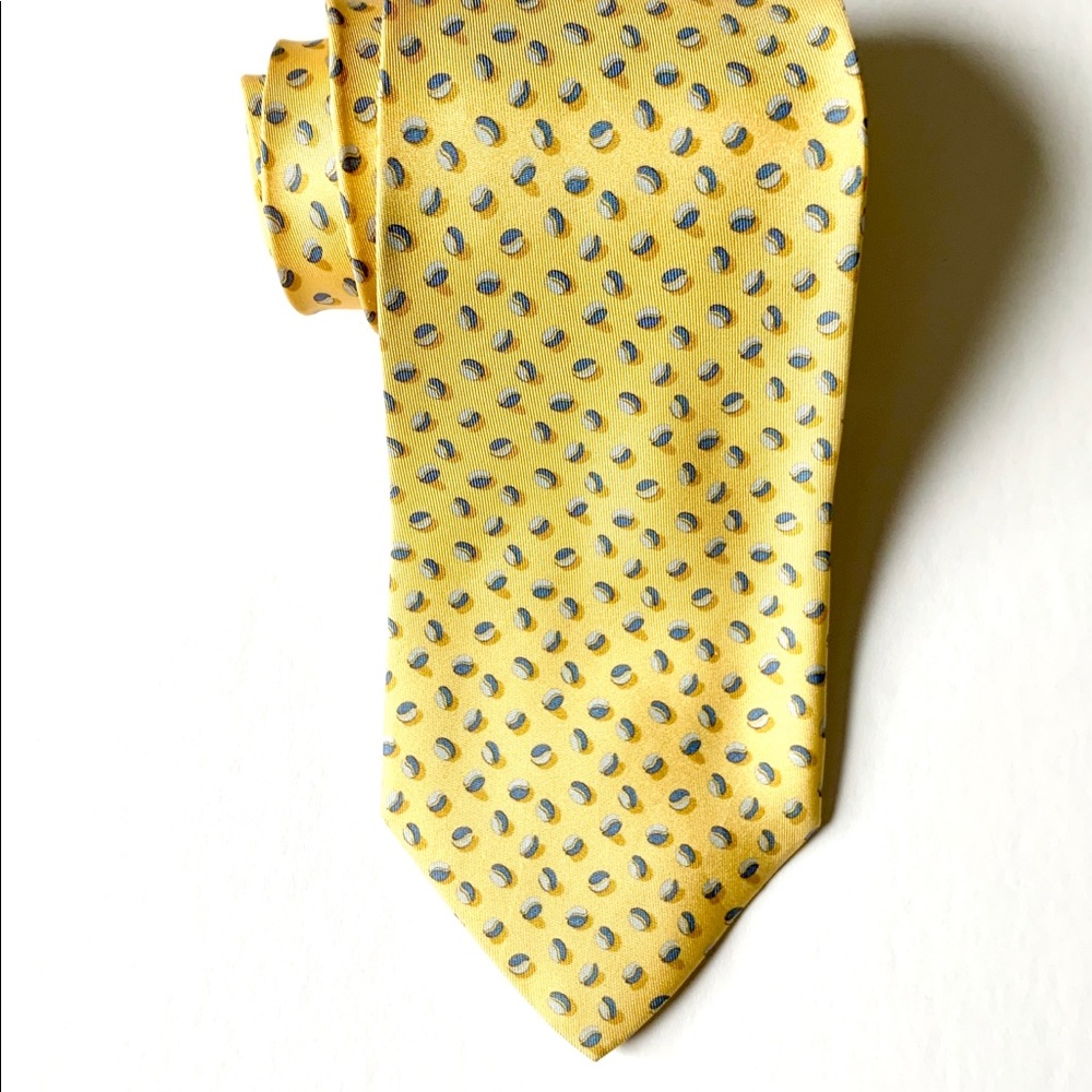 Italian designer Ferragamo silk twill pale yellow with blue accents neck tie